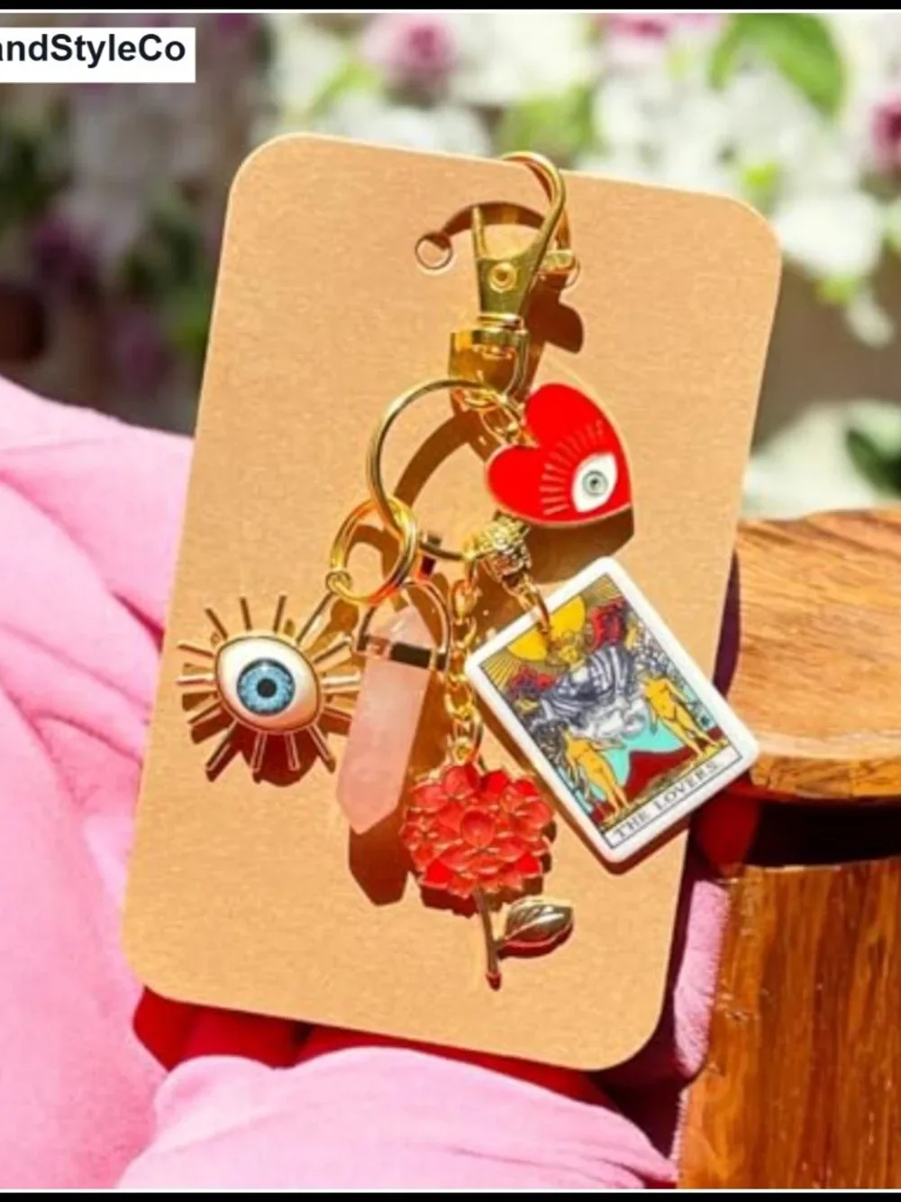 Rose Quartz Lovers Tarot Card Evil Eye Handbag Charm Keychain